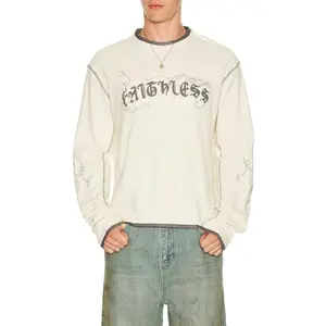 Jaded London Faithless Rib Cross Applique Long Sleeve Tee in Cream