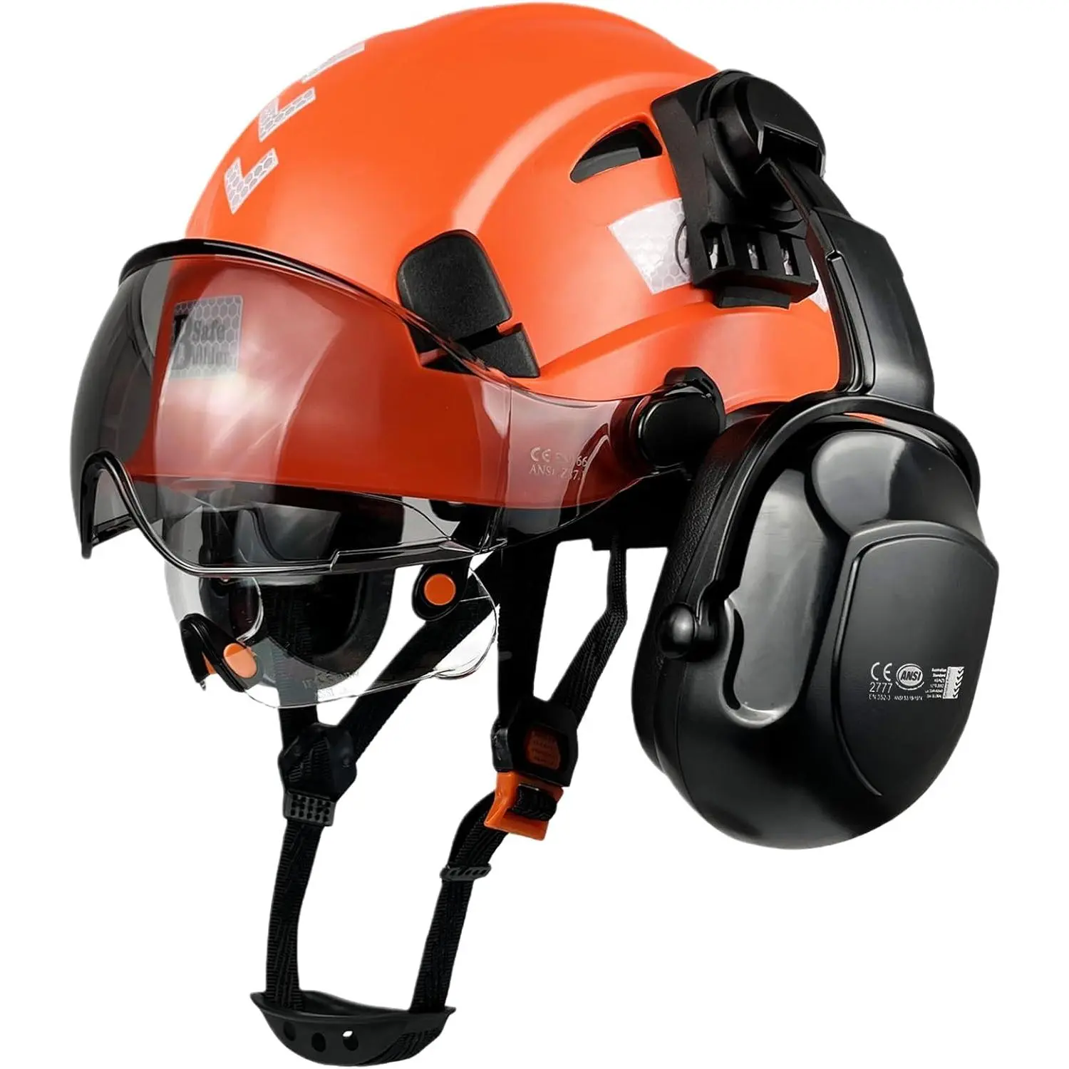 Vented Matte Safety Hard Hat for Sports & Outdoor Use, High-Strength ABS Shell with Integrated Earmuffs, Dual Tinted-Clear Sun Visor & 6-Point Impact Protection, 53-63cm Adjustable Size, All-Seasons for Construction, Forestry-Demolition