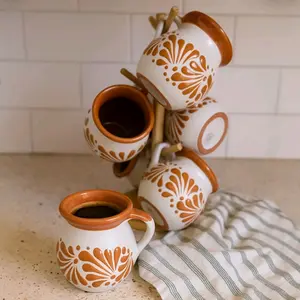 Handcrafted Talavera Mug (Set of 6) With Stand | Brown & White Color