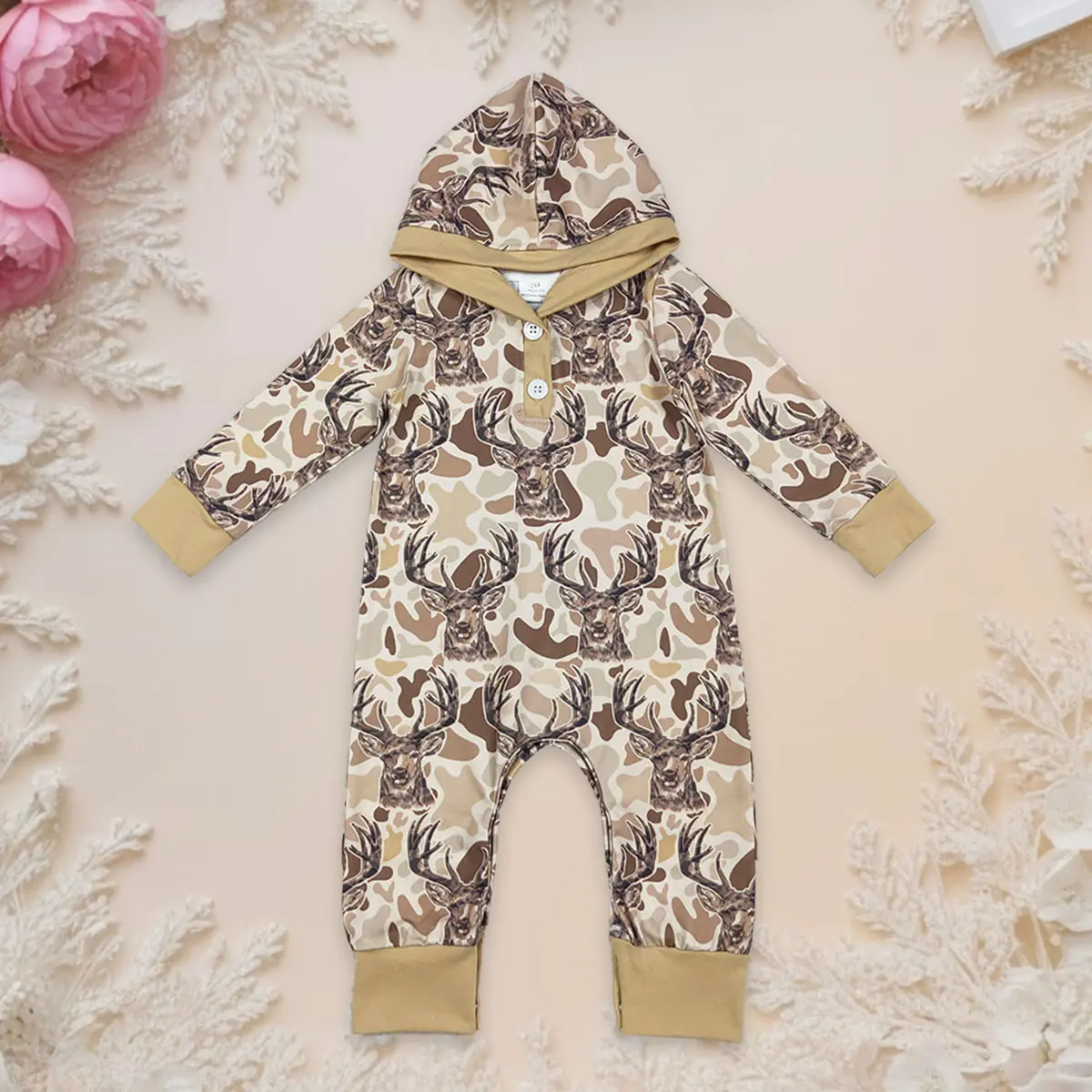 Hooded Romper for Baby Boys with Deer Camouflage, Button-Neck Cotton Elastane Fitted Jumpsuit, Infant Toddler Clothes, Baby Boy Clothes, 12 - 18 Months, 2T, Unisex, 0-3M, Soft Cotton, 3-6M