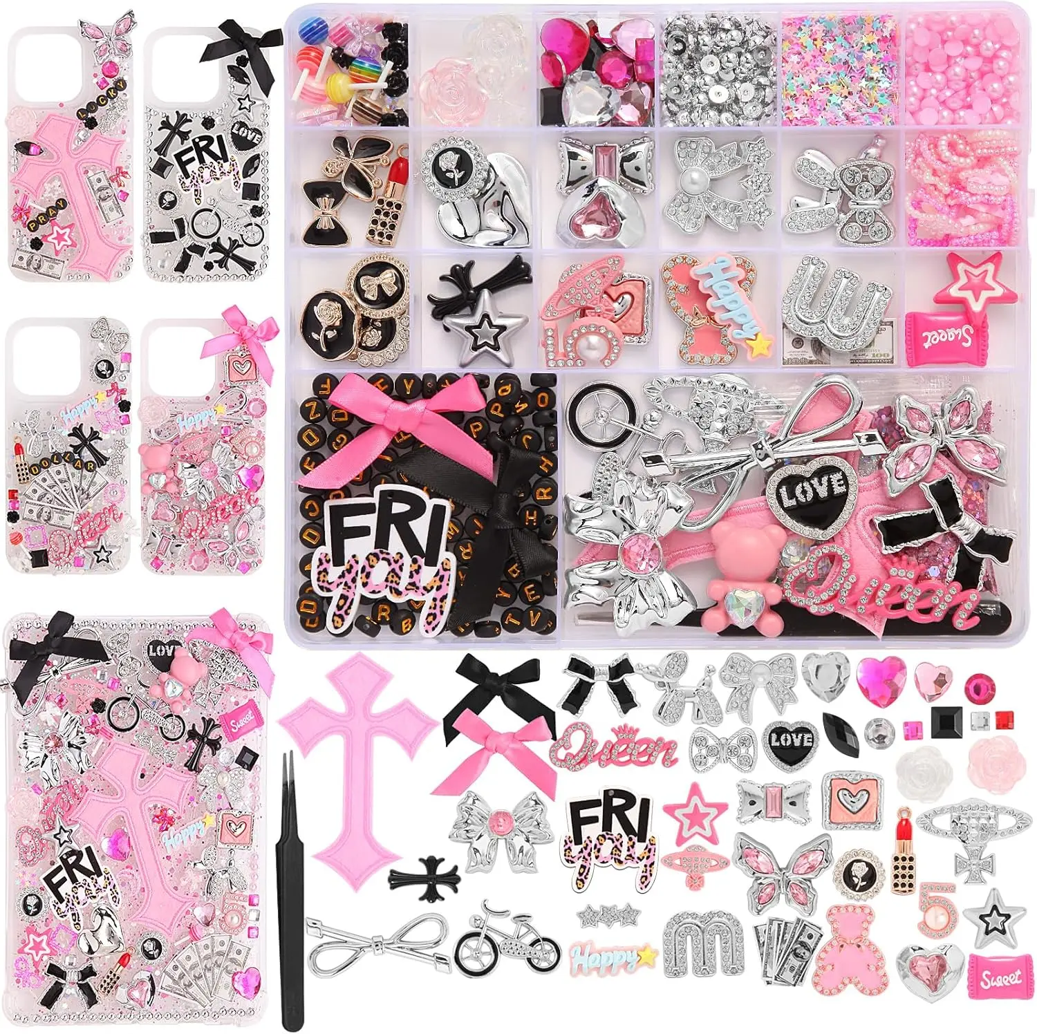 2380 Pcs Junk Phone Case Charms Kit, Charms for Customizing DIY Cases, with Nail Accessories, Cute Bow, Star, Candy, Letter Beads, Flatback Aesthetic Big Decor for Mother's Day