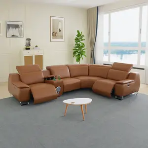 Modern Orange Yellow 5-Piece Intelligent Recliner Sofa Set, Durable Technical Fabric Lounge Couch with Wireless Charging, Bluetooth Speaker, Cup Holders and Storage Compartment