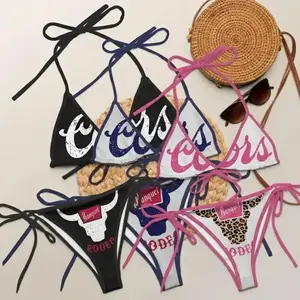 C00rs Banquet Inspired String Bikini Set – Multiple Colors | Rodeo Bull Skull & Leopard Print | Halter Tie Top & Side-Tie Bottom | Women's Country Western Swimwear | Summer Beach Pool Vacation Outfit & Festival Gift