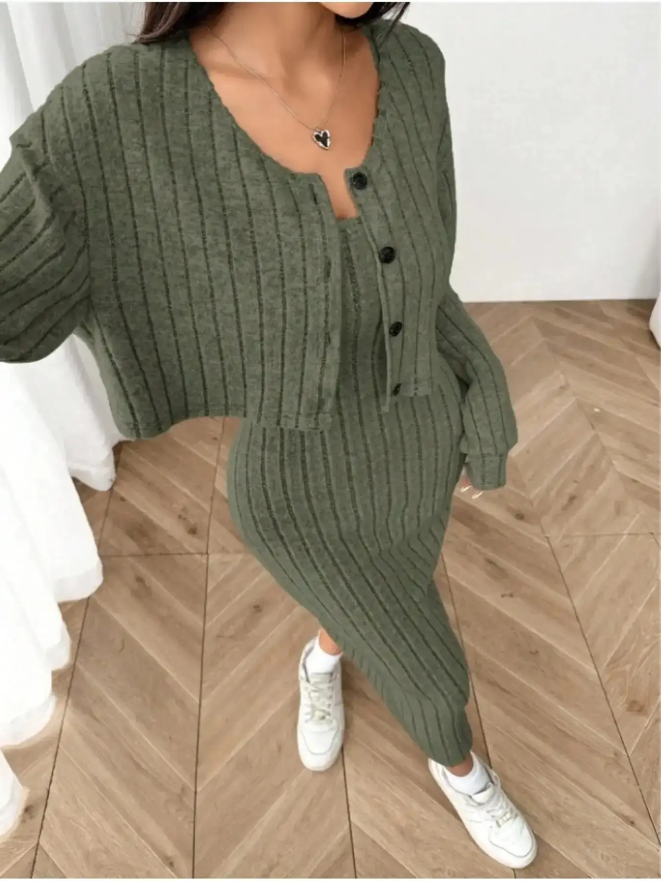 Women's new autumn casual rib knitted shoulder-down button front placket long sleeve jacket and tight midi dress suit Casual wear Casual Matching Clothing Casual Fashion Clothing