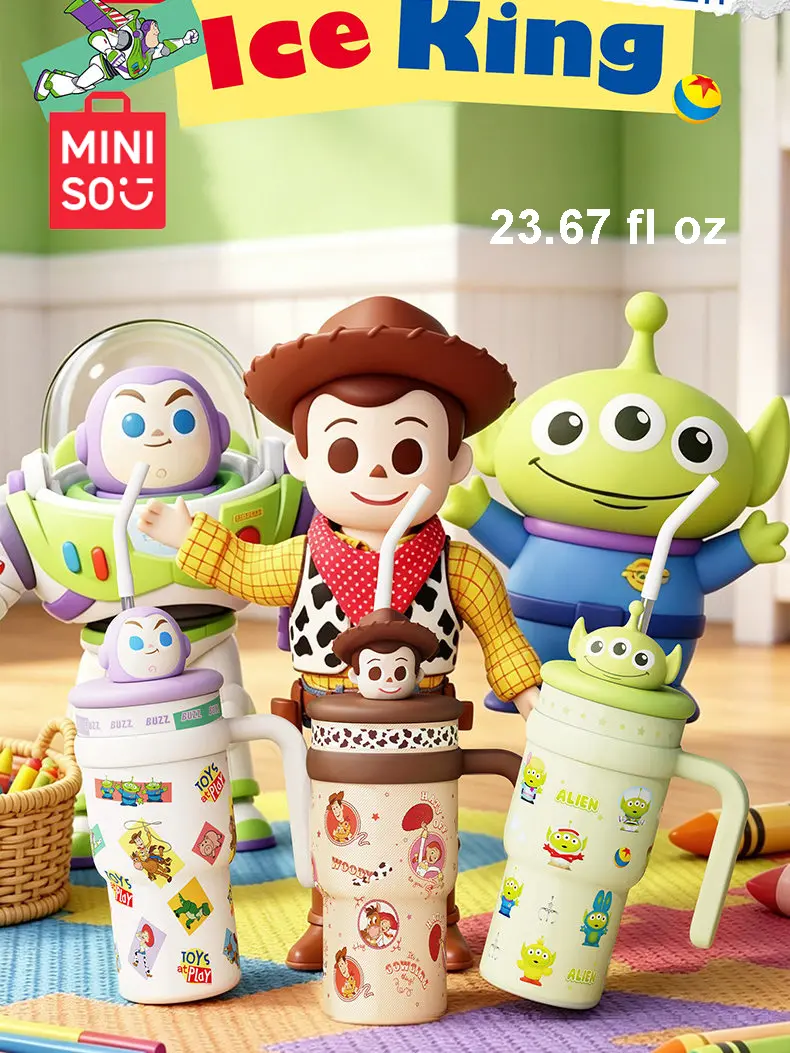 [Back to school]MINISO Buzz Lightyear Iced Tumbler, Large Capacity Toy Story Co-Branded Thermos Cup. Good Heat And Cold Retention, Trendy Cartoon Appearance, Portable Design. Ideal Daily Drinkware And Sweet Present  in Summer.