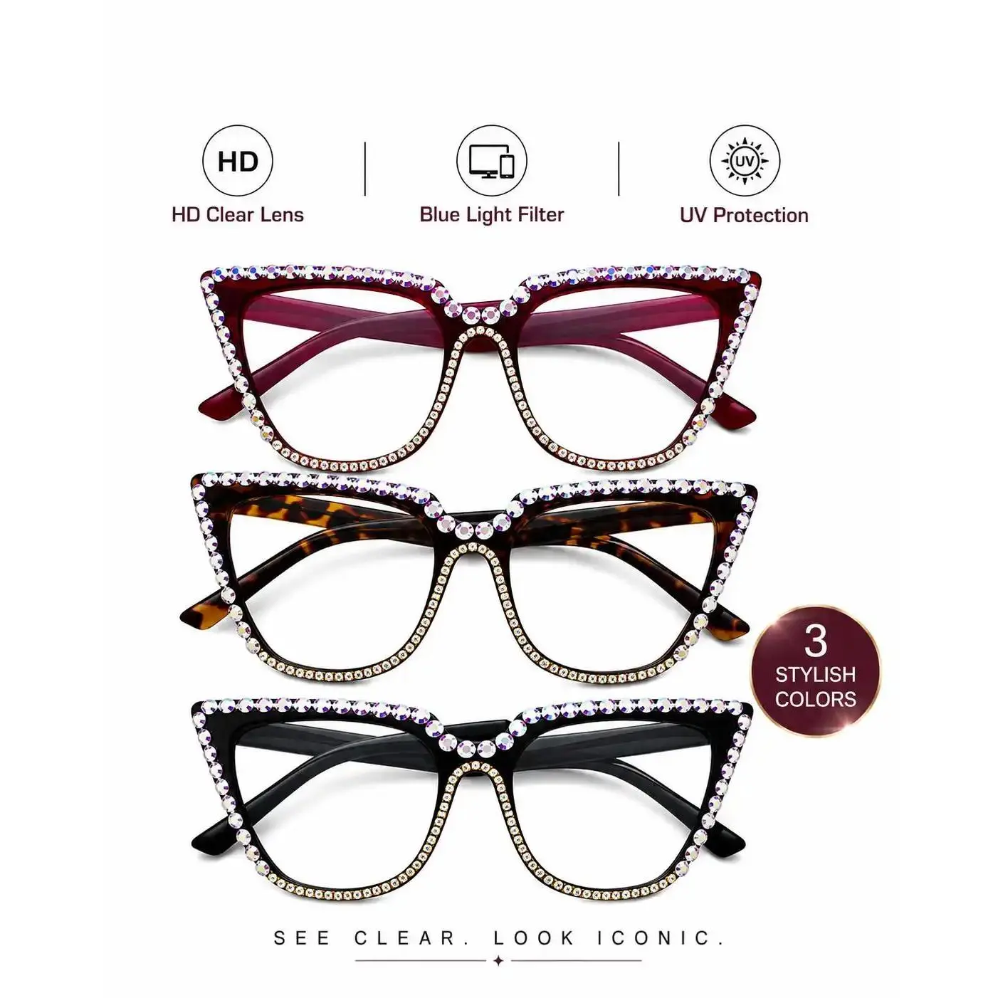 Rhinestone Cat Eye Blue Light Blocking Reading Glasses for Women, HD Clear Lens Readers with UV Filtering, Lightweight Fashion Frames, Free Anti-Lost Lanyard