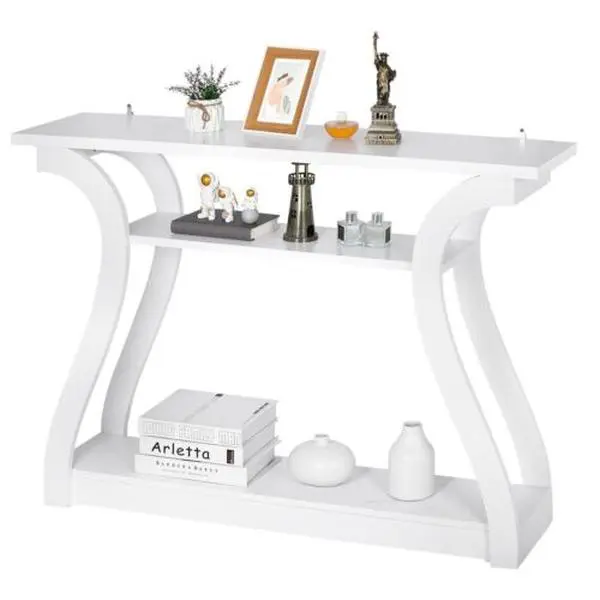 ZENSTYLE Minimal 3-Tier Wood Console Table with Curved Legs, Modern Accent Storage Design for Living Room, Bedroom, Interior Entryway, White, Sofa Side Table, Media Console Table