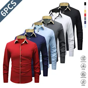 6PCS Men's Long Sleeve Shirt Ice Silky Fiber Fabric Stretch Business Professional Formal Wrinkle Free Dress Casual Long Sleeve Workwear