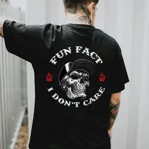 FUNNY FACT I DON'T CARE Skull Print Men's T-shirt, Top Menswear, Cotton Tee Shirt Casual Streetwear