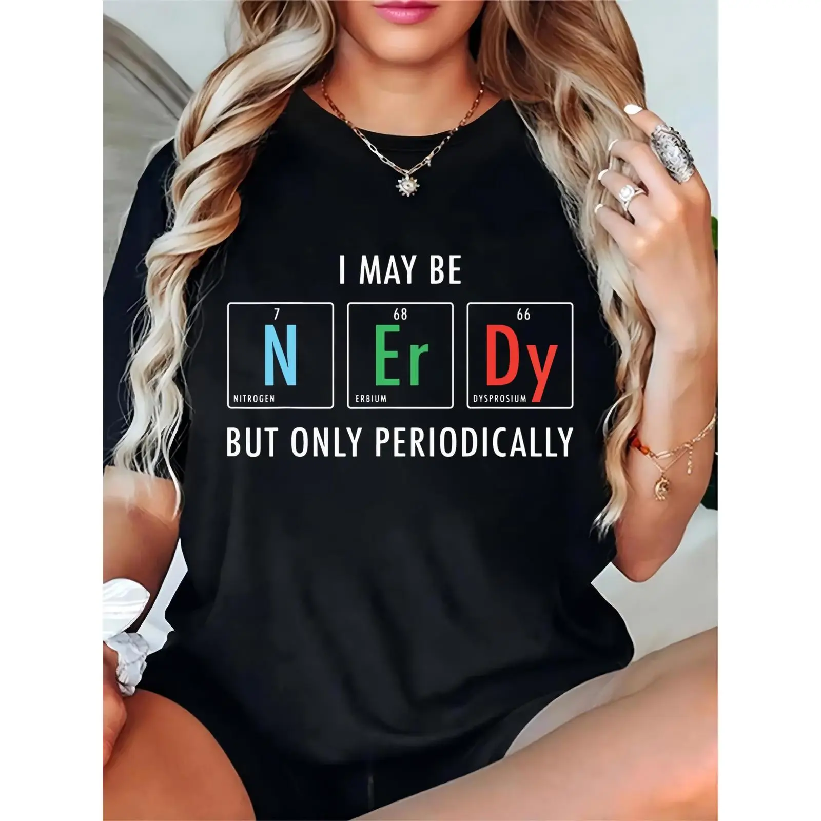 Women’s Funny Nerdy Periodic Table T-Shirt, N Er Dy Elements Chemistry Graphic Tee, Casual Science Enthusiast Top for Students & Geeks, Black, Comfortable, Shortsleeve, Ladies, Round Neck