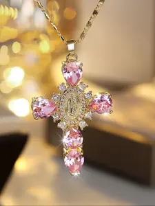 Vintage Oval Virgin Mary Cross Pendant Necklace Multi-colored Cubic Zirconia Elegant Copper Jewelry Gifts For Special Occasions Timeless Religious Accessories Gems Necklace