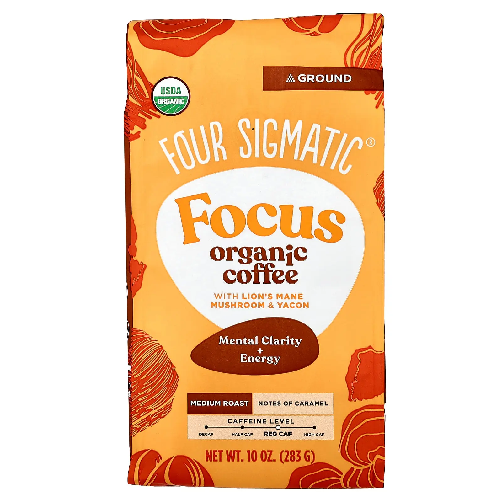 Four Sigmatic Focus, Organic Coffee with Lion's Mane Mushroom & Yacon, Ground, Medium Roast, 10 oz (283 g)