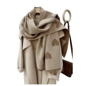 Fashionable Plaid & Heart Pattern Tassel Decor Scarf Thick Woven Fabric Double-Sided Colors Unisex Fit Casual Soft Warm Shawl for All Seasons 180cm x 65cm