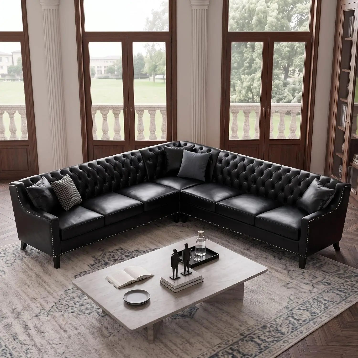 103"x103" Sturdy Faux Leather Tufted Backrest 7-Seat L-Shaped Family Sectional Couch - Black Indoor Chaise Sofa with 3 Pillows, Clean Look, Comfy for Living Room, Office Watch Party, Parents