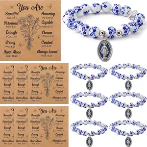 12 Sets Christian Prayer Bead Bracelets Bulk Blue Ceramic Bead Bracelets with Pendant Inspiration Cards First Communion Gifts for Women Goddaughter Religious Party