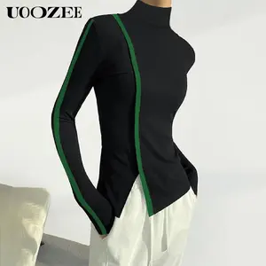 UOOZEE Women's Turtleneck Knit Pullover, Minimalist Solid Long Sleeve Skinny Fit Top with Asymmetric Split Hem for Casual Wear, Knitting