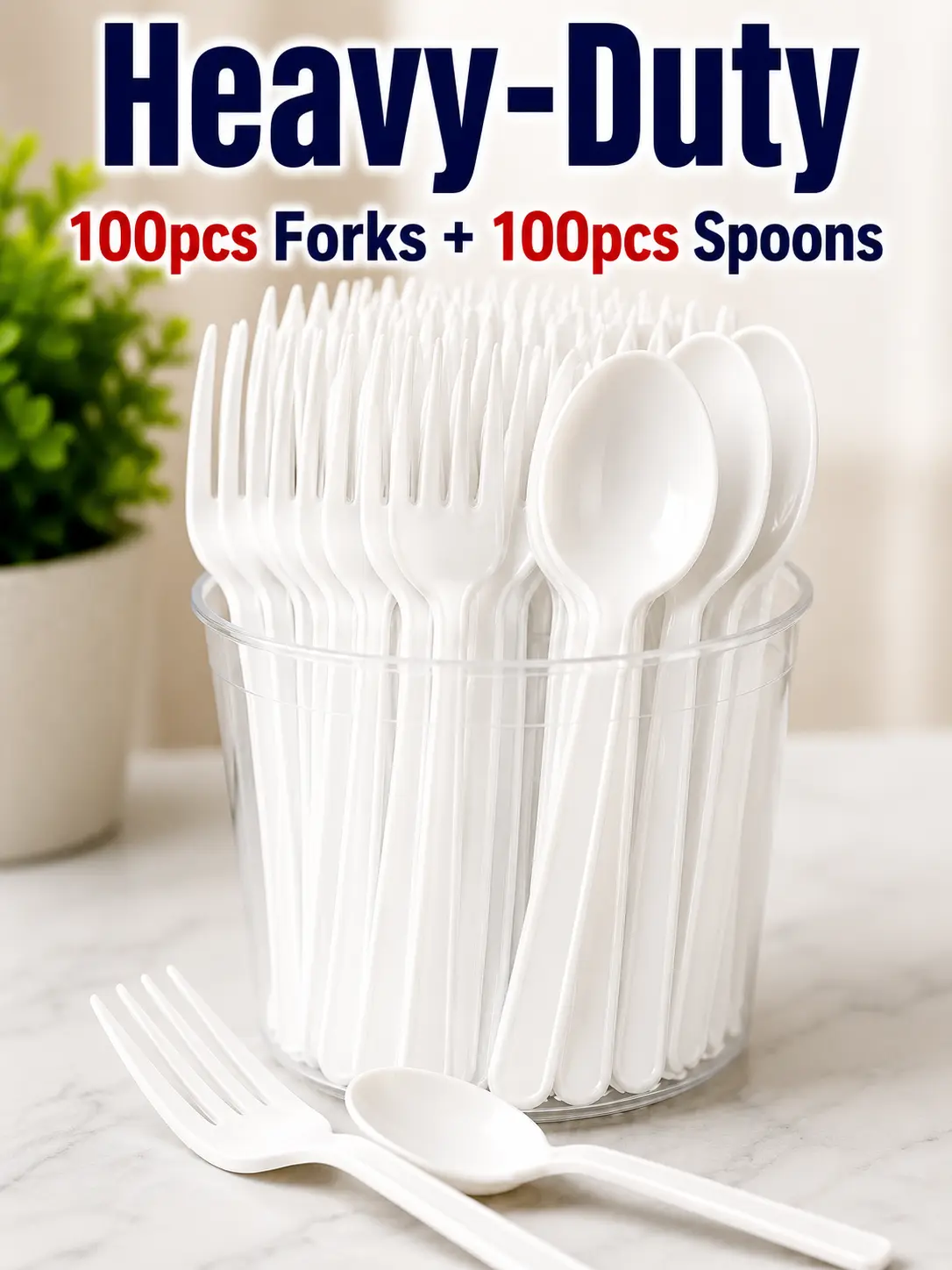 200 Count Disposable Plastic Cutlery Set, 100 Forks + 100 Spoons, White 7 Inch Heavy Duty Thick Plastic Utensils for Party Wedding Takeout