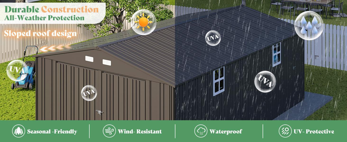 [Spring Sale] AMERLIFE Outdoor Storage Shed, Huge Metal Garage Shed with 2 Double Hinged Doors and 4 Windows, Carport for Car, Truck, Bike, Garbage Can and Lawnmower, Dark Grey/Best Gift Ideas/Christmas Gifts