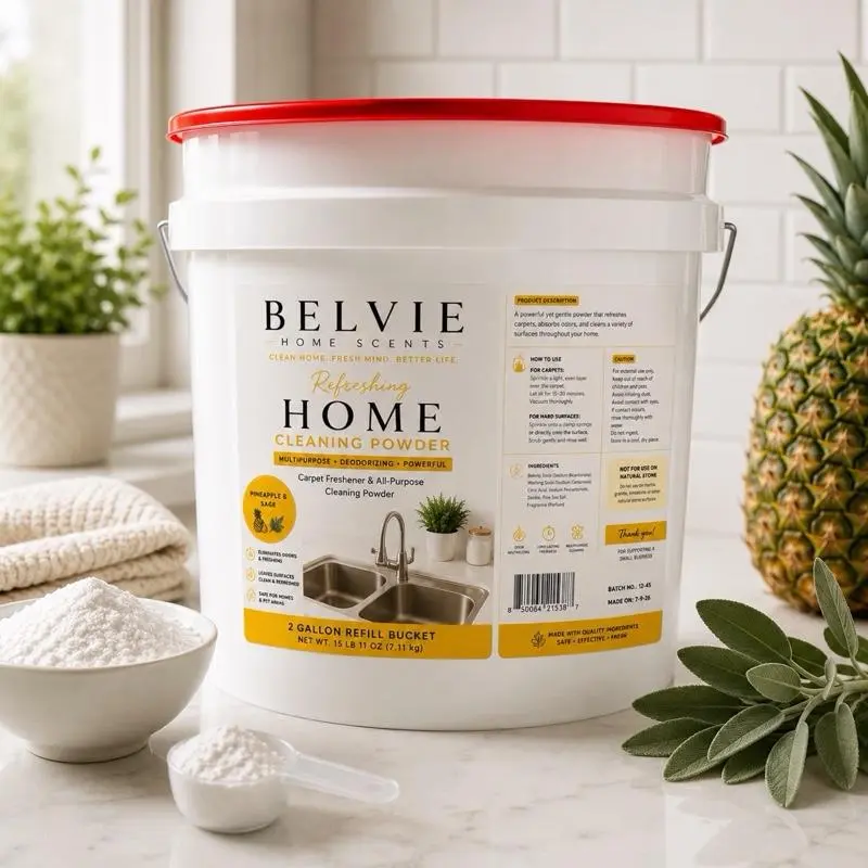 BELVIE Fragranced Multi-Functional Household Cleaning Powder, 2-Gal Large Size Pineapple & Sage Scent for Countertops, Carpet Freshener, Trash Can Refill Bucket