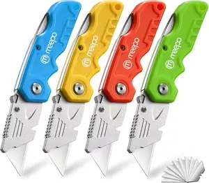 4-Pack Heavy Duty Folding Box Cutters, Razor Sharp Blades, Comfortable Handles, Extra 10-Piece Replacement Blades, for Drywall, Boxes, Linoleum (Tools & Hardware Utility Knives)