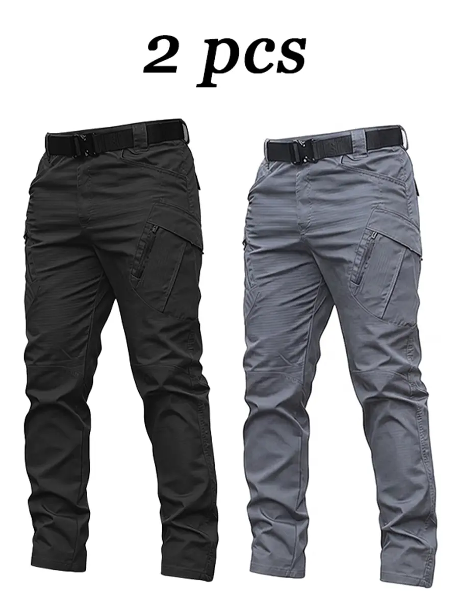 Men's 2-Piece Tactical Cargo Trousers, Menswear, Mid-Rise Zip Tailored Fit, Multi-Pocket, Durable Breathable Polyester, All-Season, Stylish Casual, Ideal for Construction Work.