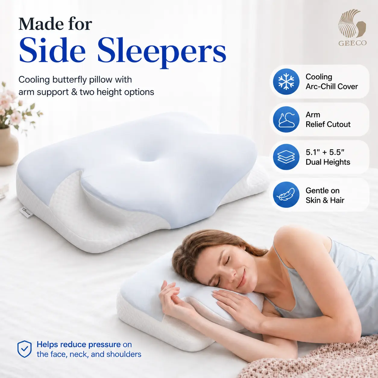 GEECO Upgraded Cooling Cervical Pillow for Neck Pain, Derilla Ergonomic Contoured Memory Foam with Breathable Ice Silk Pillowcase, Orthopedic Support for Side & Back Sleepers gift summerwins deep sleep pillow shopping puff removable pillowcase
