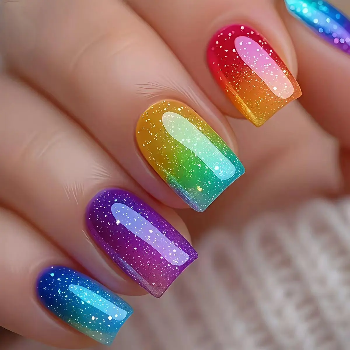 24 Pcs Short Square Nail Tips, Rainbow Gradient Glitter False Nails, Removable Manicure Stickers, Shiny Starry Design, Suitable for Women, Nail Art Products, Fake Nails
