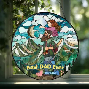 Personalized Hiking Dad Stained Glass, Custom Mountain Sunset Acrylic Sun Catcher, Outdoor Decor Gift