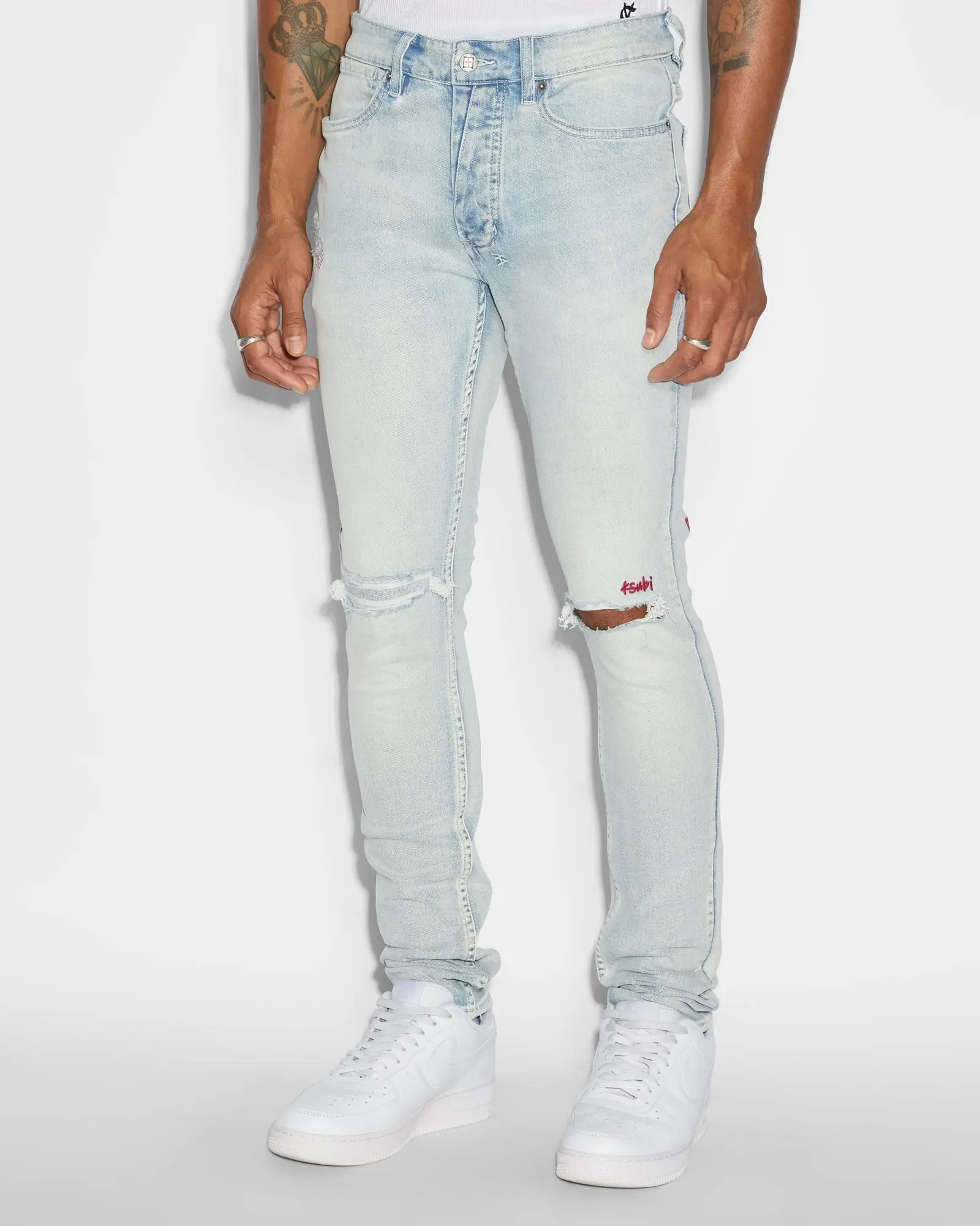KSUBI VANWINKLE BLUE ICE Menswear Fitted Denim Jeans with Embroidered Logo & Stretch Fabric for All Seasons