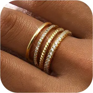Florideco Stackable Gold Rings for Women 14K Gold Plated Stackable Thin Ring Minimalist Non Tarnish Cubic Zirconia Band Rings Dainty Trendy Statement Stacking Ring Set Size 5-10