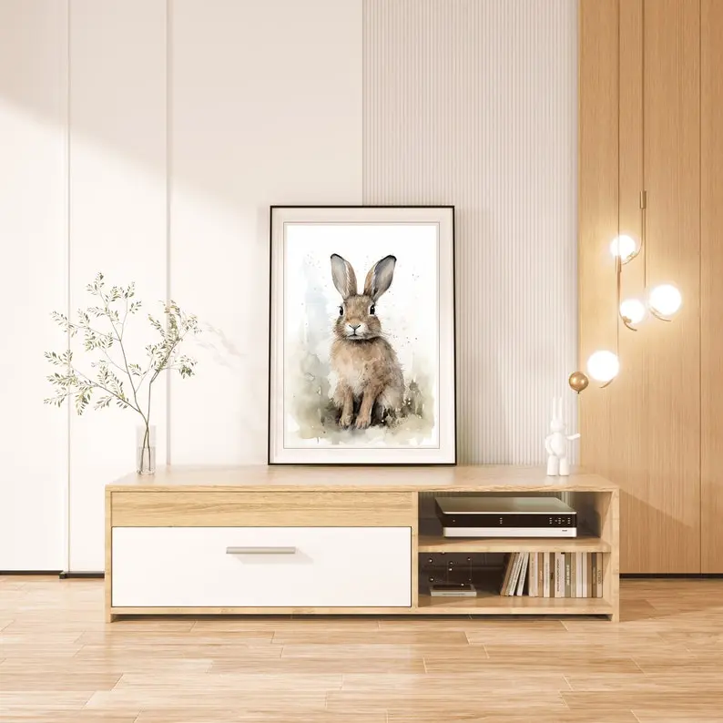 Vintage Easter Bunny Cottagecore Art Prints, Cute Rabbit Neutral Decor Painting, Farmhouse Nursery Print, Rustic Animal Wall Art Poster