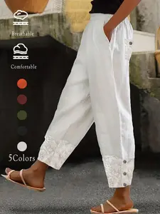 Women's Plain Floral Embroidery High Waist Straight Leg Pants, Casual Comfy Elastic Waist Button Decor Trousers for Summer, Summer Outfits 2024, Ladies Bottoms for Daily Wear