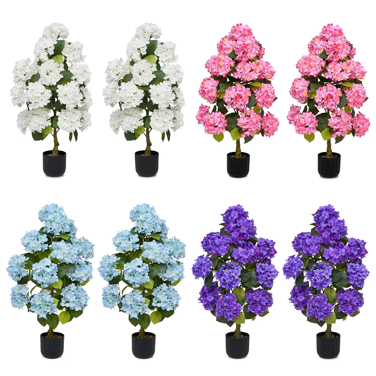 2 Pcs 3ft Artificial Hydrangea Trees - Realistic Silk Flower Pots with Pebbles for Indoor Home Office & Outdoor Patio Porch Decor