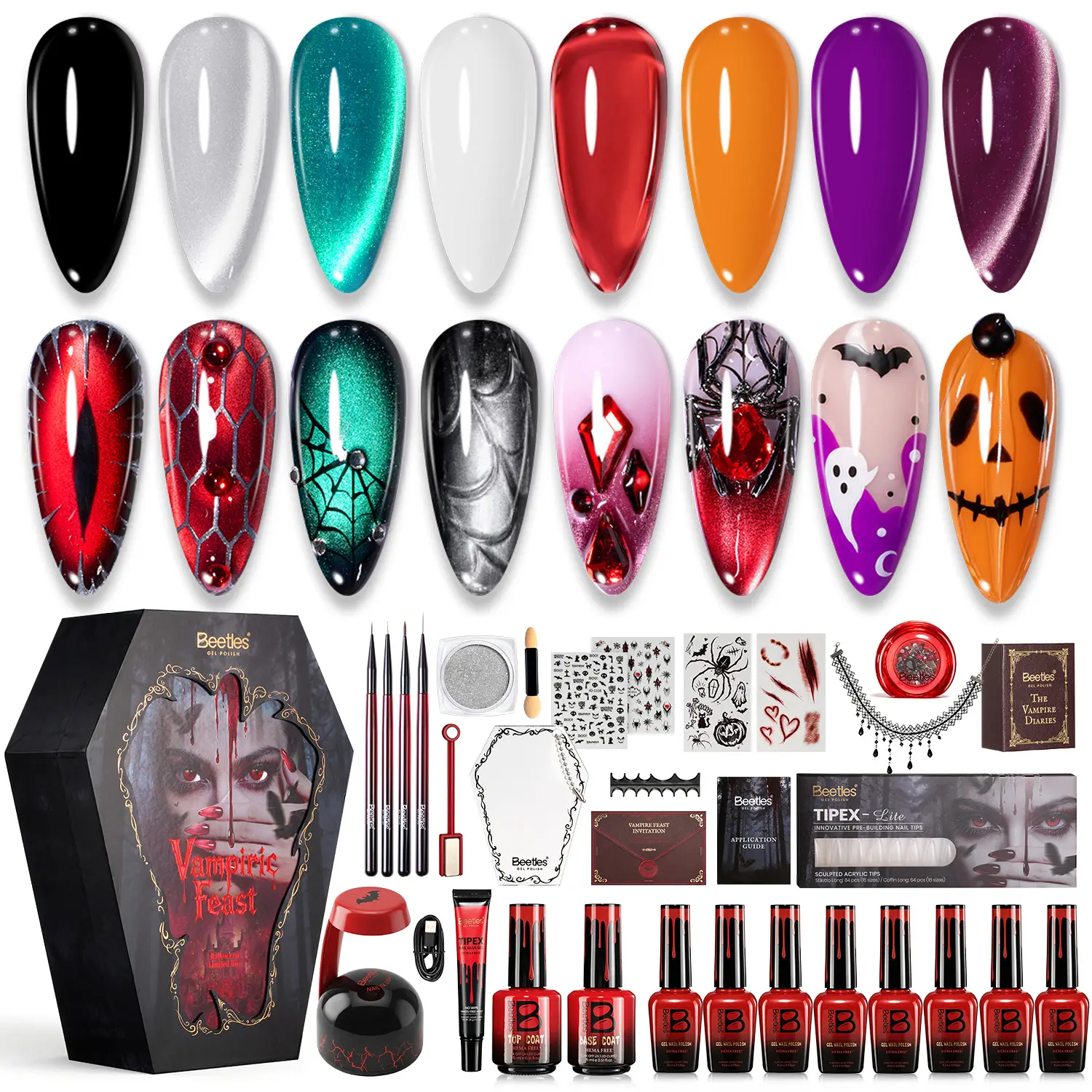 Beetles Vampiric Feast HEMA-Free Halloween Limited Edition Gel Nail Polish Gift Box, Vampire Theme Cat Eye Glitter Gel Nail Art Set, DIY Home Salon Manicure Kit for Women Girls