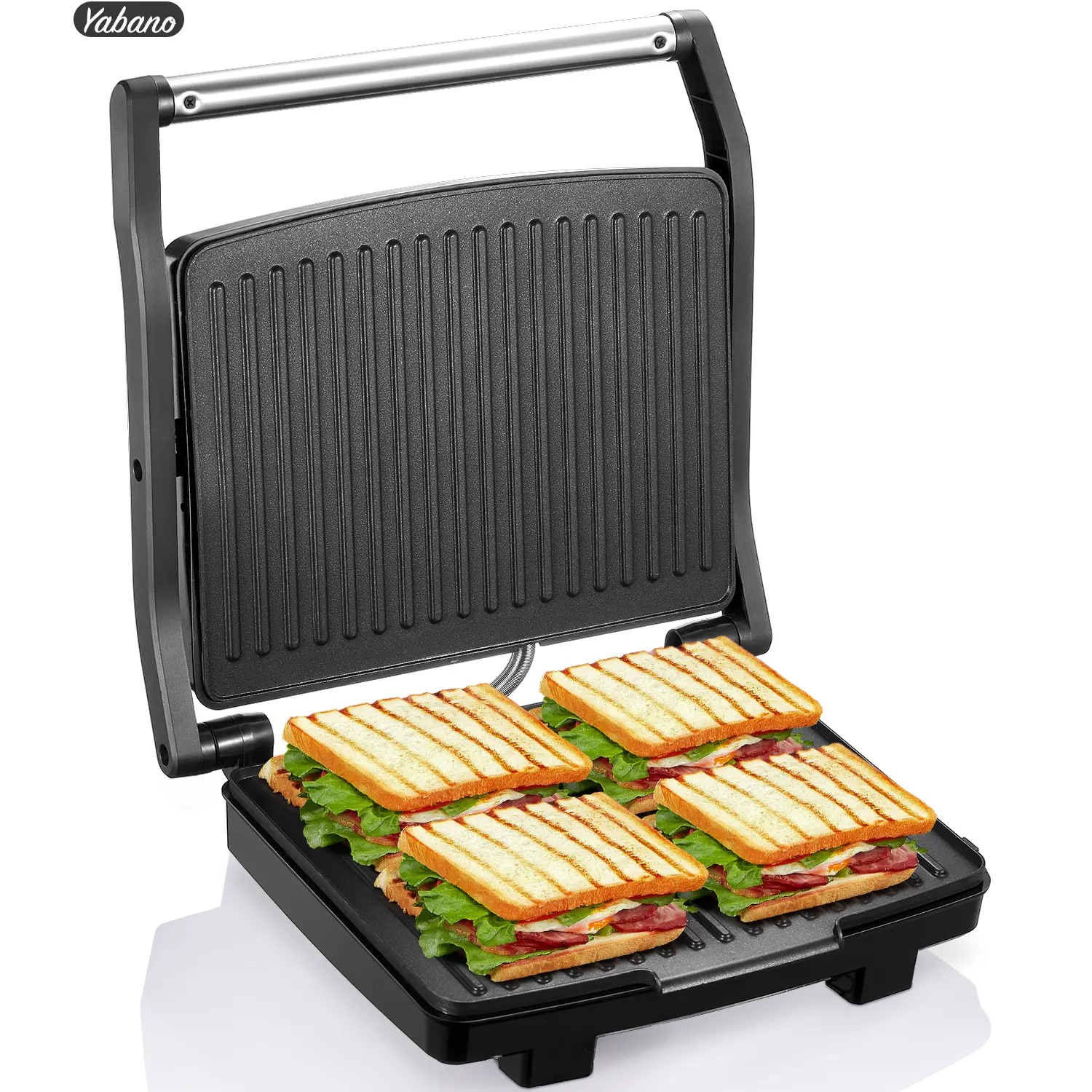 Yabano Shaq Branded Panini Press Grill - Electric Indoor High-Power (1200W, 200W & Above) Gourmet Sandwich Maker with Non-Stick Cooking Plate, Removable Drip Tray, Fast Heating Up, Easy-to-Clean Stainless Steel Design