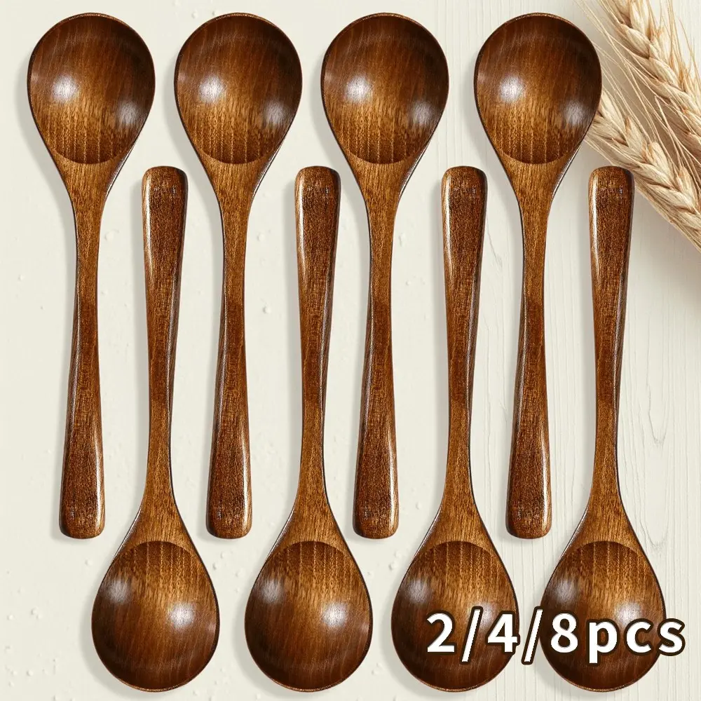 Natural Eco-Friendly Sustainable Wooden Culinary Cutlery Spoon Set 2/4/8pcs, Multi-Purpose Durable Reusable for Soup Stirring Desserts, Home Kitchen Party Use, Spoons Set