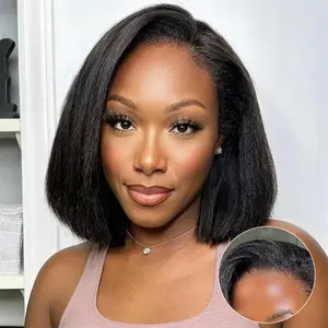 Celie Hair Natural Blowout Kinky Straight Bob Half Wig Flip Over Install Seamless Blends Hairline Wear Go Glueless Wig 100% Beginner Friendly