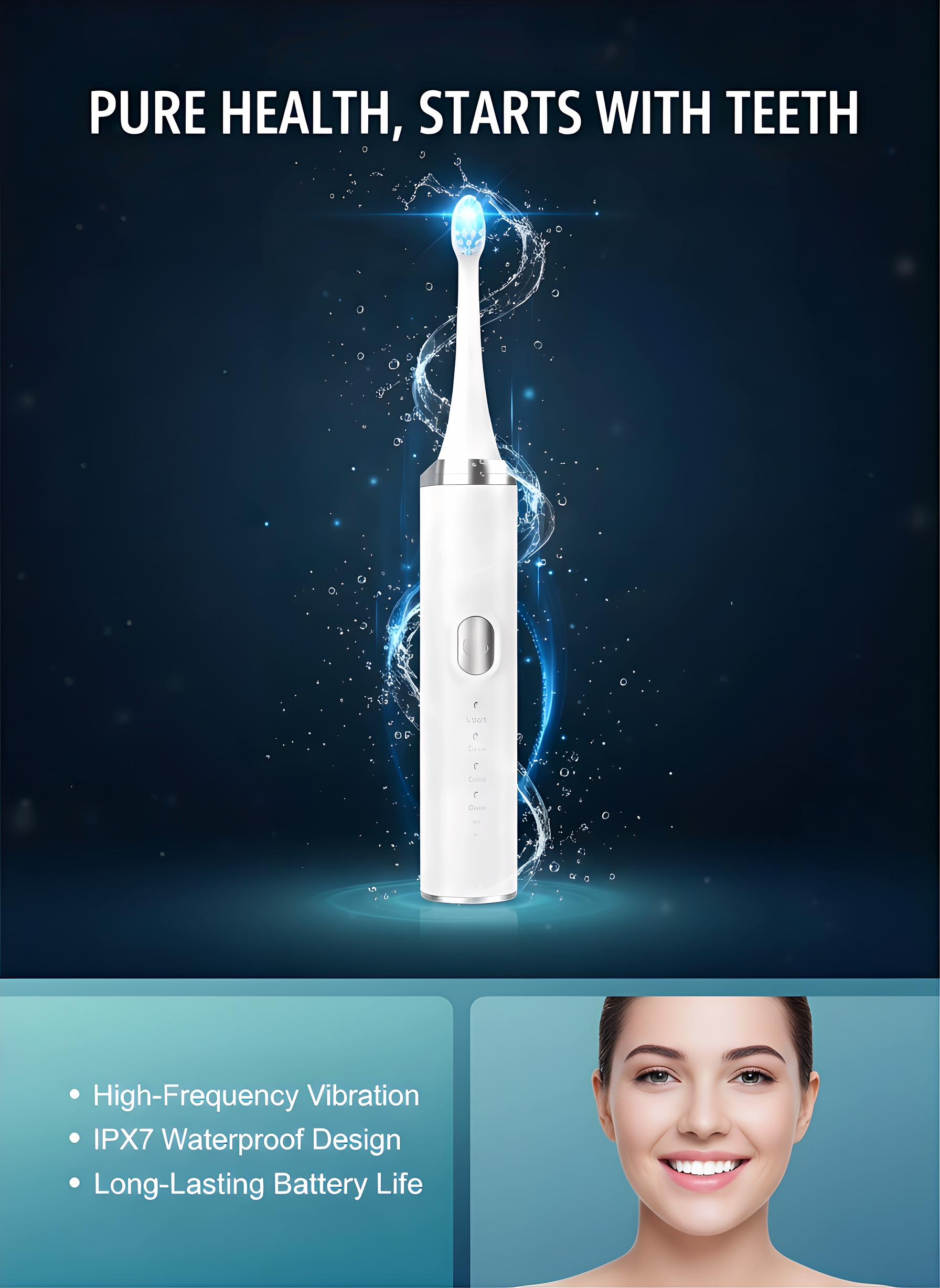 Electric Toothbrush Sonic, Powerful Plaque Remover for Teeth Whitening & Gum Care, Multiple Cleaning Modes, Smart Timer, IPX7 Waterproof, USB Rechargeable, Long Battery Life Toothbrush for Home & Travel