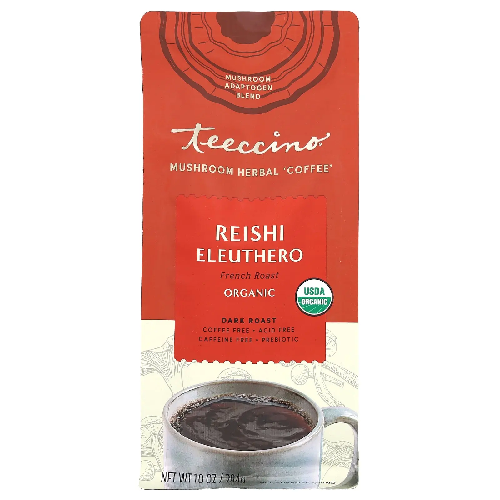 Teeccino Mushroom Herbal Coffee, Reishi Eleuthero, Dark Roast, Caffeine Free, 10 oz (284 g)