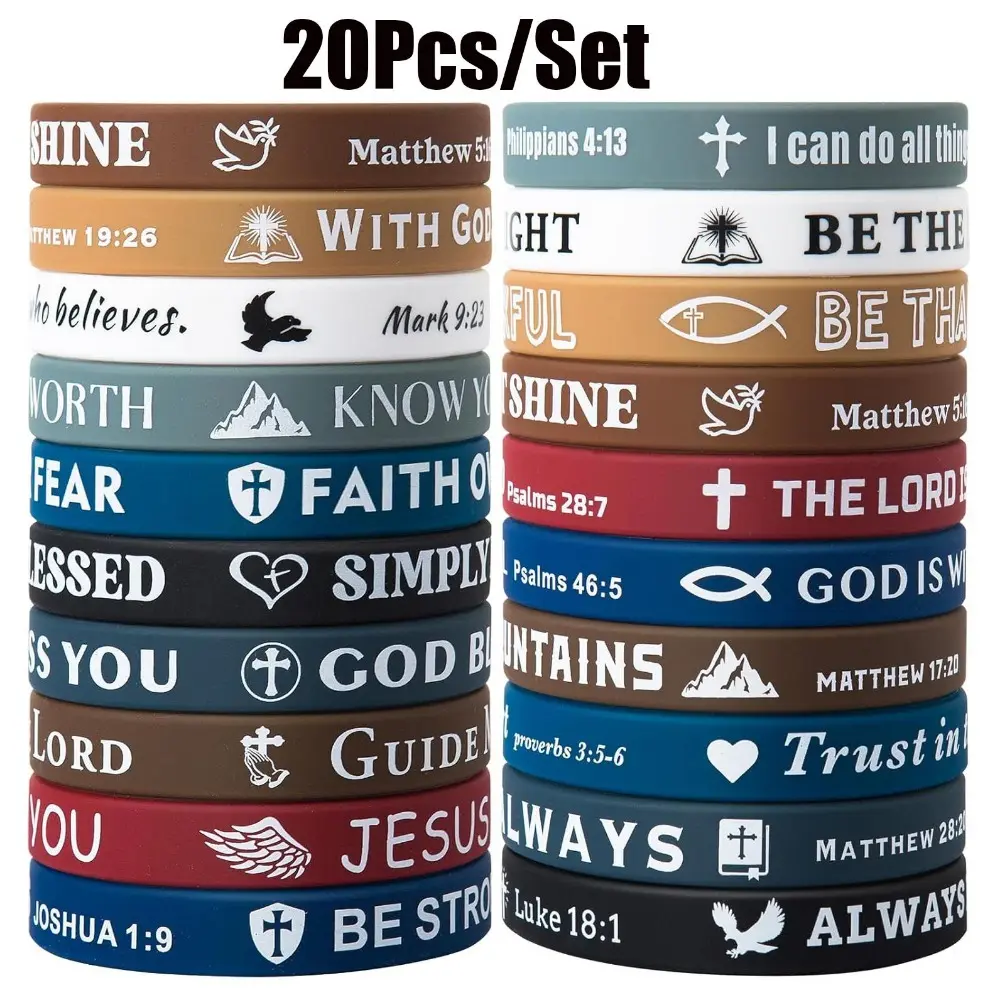 Silicone Wristbands, 20-Piece Set with Christian Bible Verses for Men & Women - Inspiring Religious Faith Jewelry Gifts, Wrist Straps