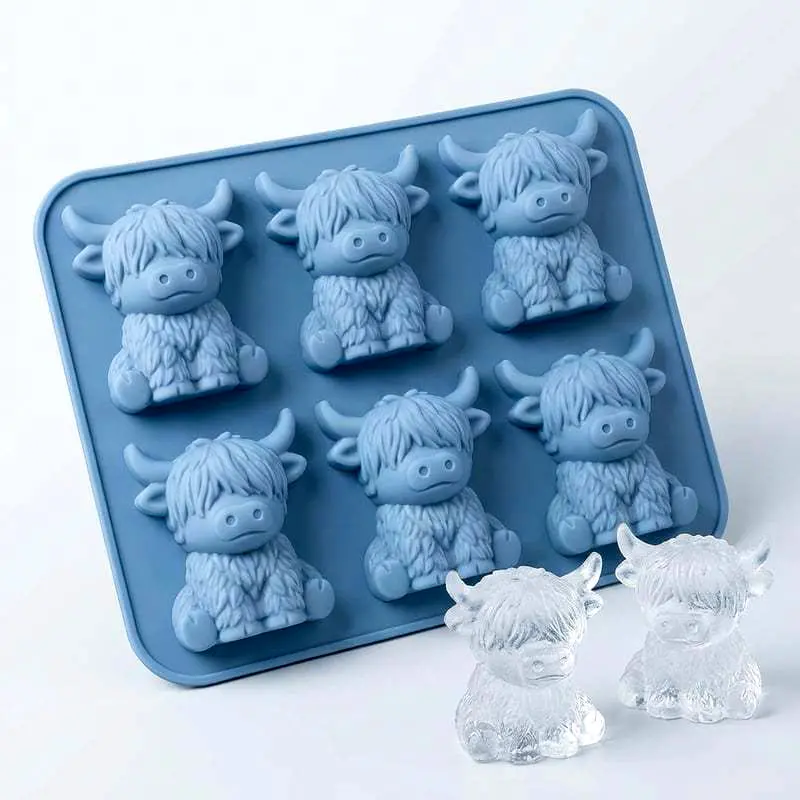 Mini Highland Cow Silicone Ice Cube Mold, 6 Cavity Cute Highland Cow Ice Tray, Reusable 3D Animal Ice Maker Molds for Cocktails, Whiskey, Chocolate, Candy, Jelly, Baking sohochic