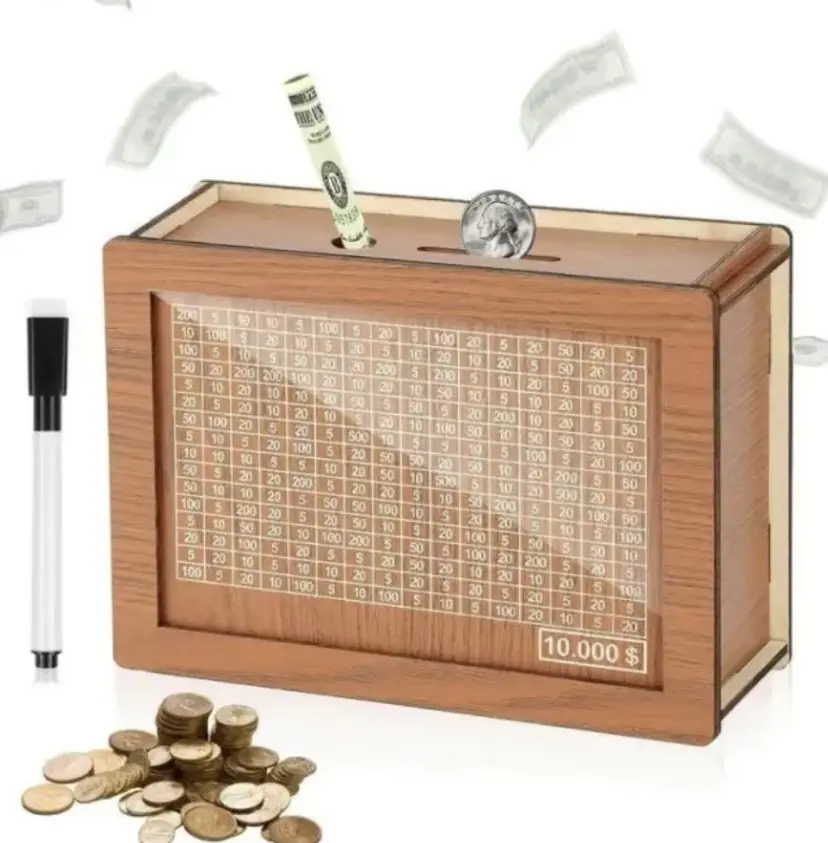 Wooden 10000 Savings Challenge Box, Cash Vault Money Target Tracker Piggy Bank with Mark Pen, Reusable Digital Count Saving Game Box, Parent-Child Financial Education Toy, Decor Cash Storage Jar Gift for Adults & Kids to Reach Money Saving Goal