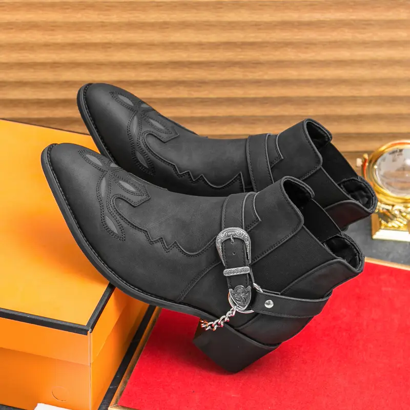 Boots for Men- Men's Western Boots With Embroidered, Embroidering Design hight- heeled Ankle Boots, Slip Resistant Square Toe Chunky Heel Ankle Boots, Durable and  Fashionable Retro Classic Walking Shoes Footwear, Fathersdaygift Boy Black