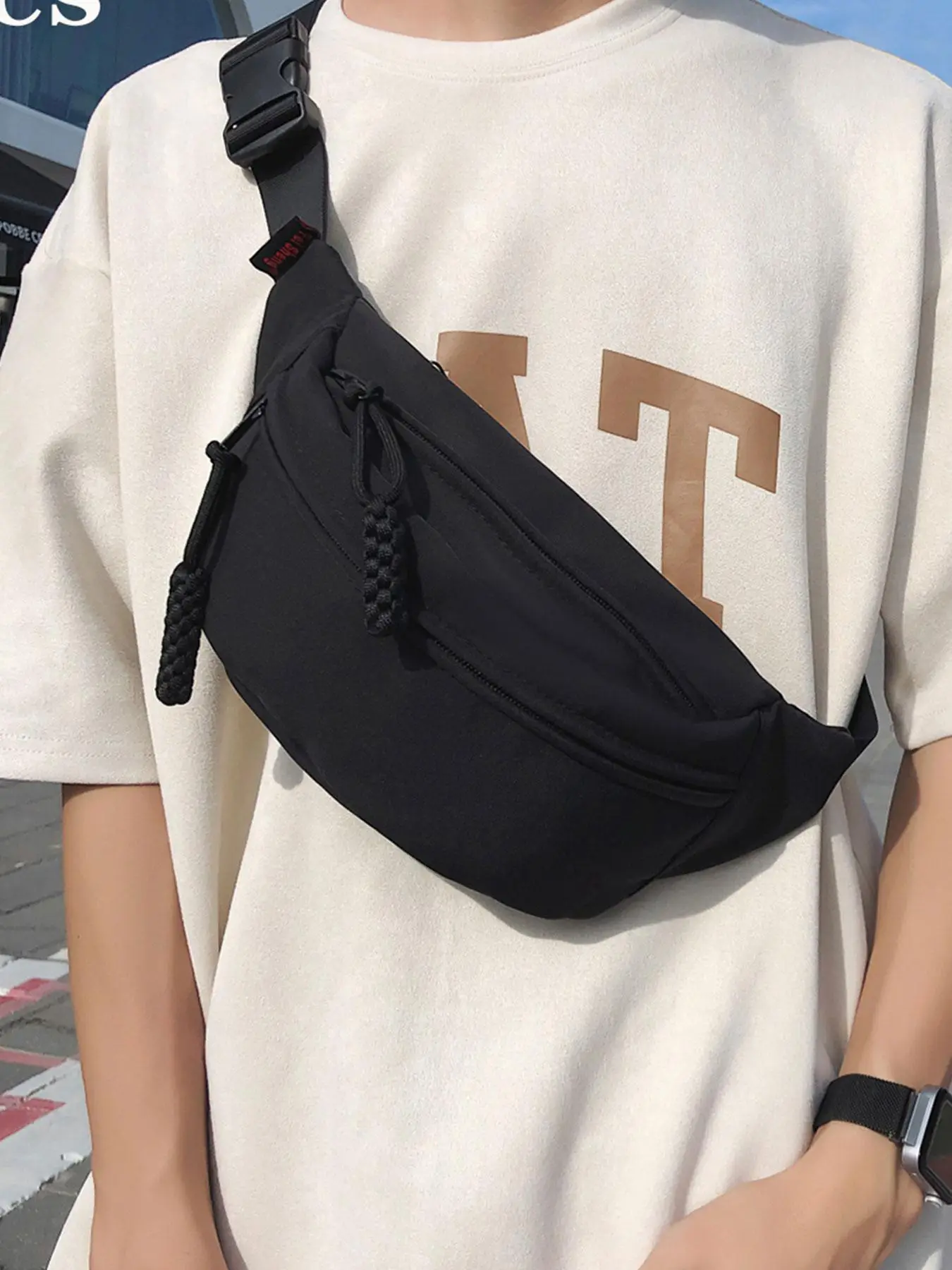 Men's Casual Solid Color Zipper Belt Bag, New Fashion Nylon Chest Bag for Daily Used, Trendy All-match Sling Bag for Women and Men