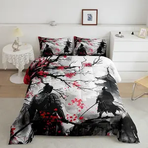 Japanese Samurai Designer Comforter Set,Japanese Ukiyoe Comforter,Cherry Blossoms Home Decor Luxury Bedding Set,Japanese-Style Super Soft Duvet Set
