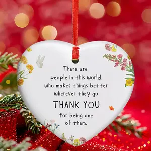 1 pc, Ceramic Products, Heart-Shaped Decorative Ornament with Inspirational Quote, Classic Floral Design Decorative Flowers Ornaments Plastic Christmas Tree Hanging Decor for Thanksgiving, Christmas - Thoughtful Gift for Friends, Family, Teacher