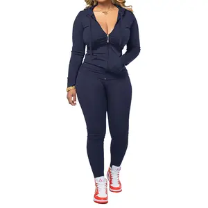 Women's 2-Piece Casual Zip-Up Hoodie & Jogger Set Navy Blue Long Sleeve Autumn Winter Streetwear Matching Outfit Basic Minimalist Suits Clothes Womenswear