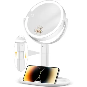 Makeup Mirror with Lights, 30X Magnifying & Height Adjustable, Lighted Magnifying Mirror with 3 Light Modes and Stepless Dimming, Vanity Mirrors for Bathroom, Birthday  for Women, White