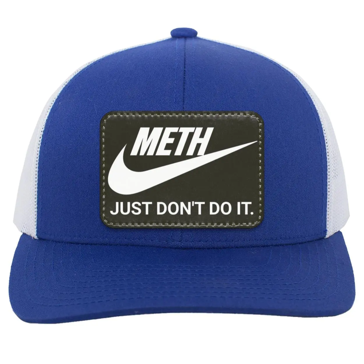 Recovery Trucker Snapback Hat - Sobriety Support Headwear with "Meth Just Don't Do It" Inspiring Message, Adjustable Foldable Auto-Adjusting Funny Women's Black Logo Trucker Hat, Funny Hats Women