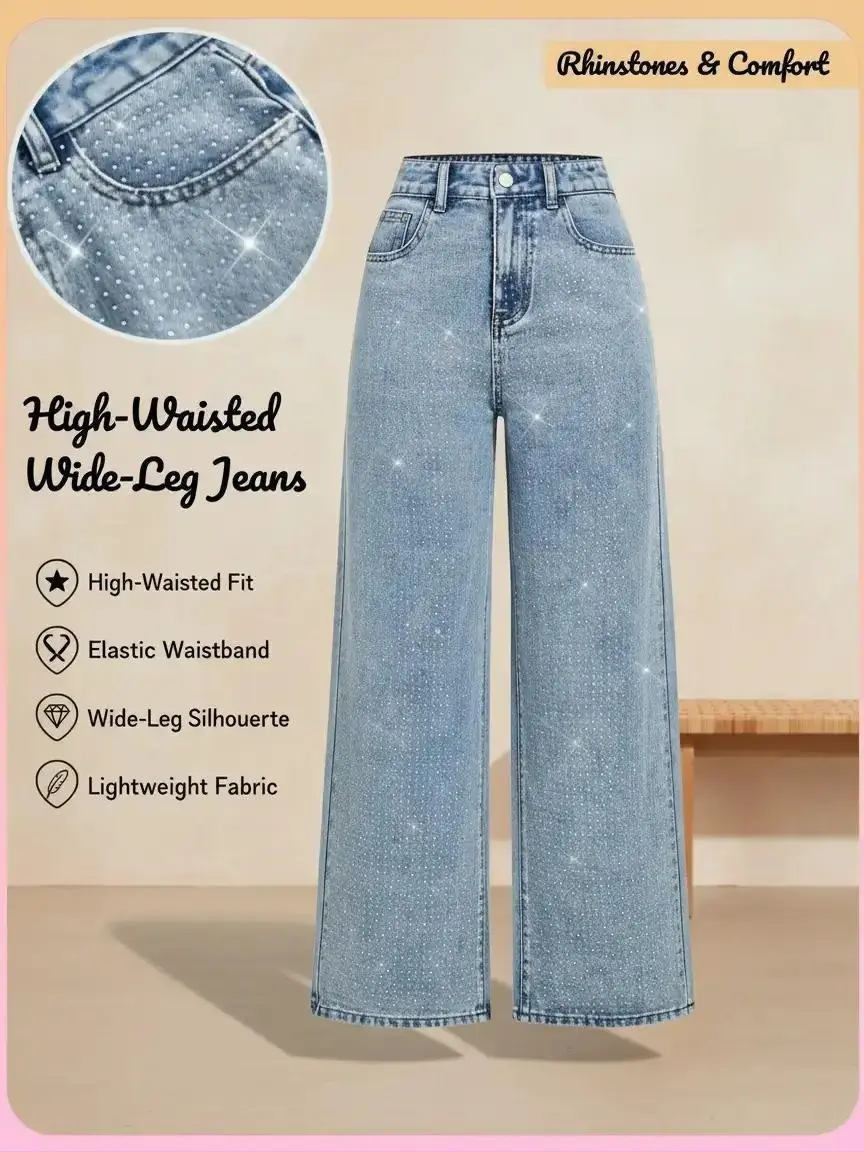 Women's High-Waisted Rhinestone-Embellished Light Wash Baggy Jeans - Stretch Denim, Casual Fit, Plain Fabric